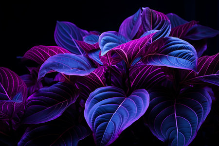 Purple leaves of ornamental plants in a pot on a black backgroundの素材