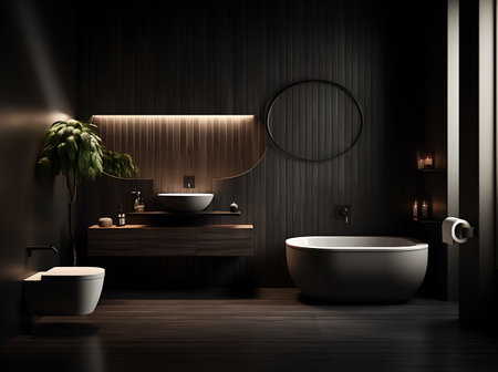 Luxury bathroom interior with dark wooden walls, concrete floor, comfortable white bathtub and round mirror. 3d renderingの素材
