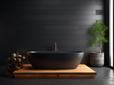 Interior of modern bathroom with black brick walls, concrete floor, comfortable black bathtub standing on wooden countertop. 3d renderingの素材