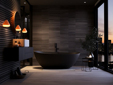 Interior of modern bathroom with dark wooden walls, concrete floor, comfortable black bathtub standing near window with city view. 3d renderingの素材