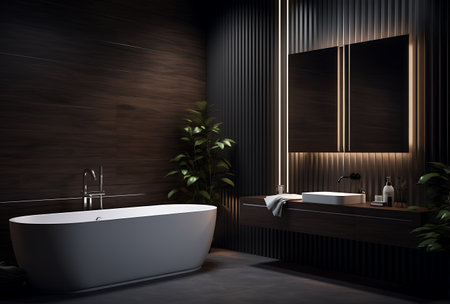 Interior of modern bathroom with dark wooden walls, concrete floor, comfortable white bathtub and double sink with vertical mirror above it. 3d renderingの素材