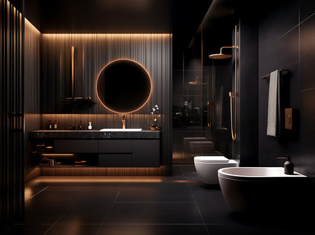 Luxury bathroom interior with black walls, tiled floor, black bathtub and mirror. 3d renderingの素材