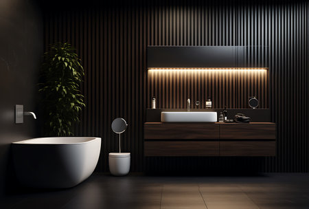 Dark bathroom interior with black walls, wooden floor, dark wooden bathtub and double sink with mirror. 3d renderingの素材