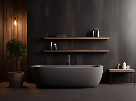 Interior of modern bathroom with black walls, concrete floor, comfortable black bathtub standing near wooden shelves with towels and bottles. 3d renderingの素材