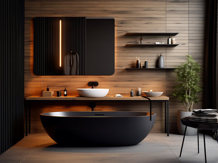 Interior of modern bathroom with dark wooden walls, concrete floor, comfortable black bathtub standing near black sink and round mirror. 3d renderingの素材