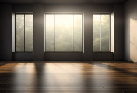 Empty room with window view and wooden floor. 3D Renderingの素材