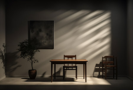 Empty room with wooden table, chair and plant. Mock up, 3D Renderingの素材