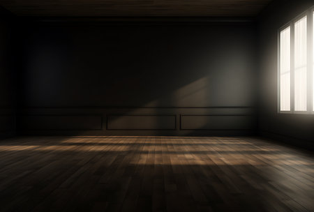 Dark room with window and wooden floor. 3D Rendering.の素材