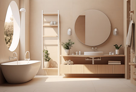 Bathroom interior with beige walls, tiled floor, white bathtub and round mirror. 3d renderingの素材