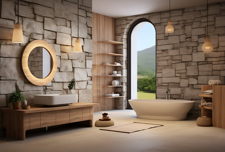 Interior of modern bathroom with stone walls, concrete floor, comfortable white bathtub and round mirror. 3d renderingの素材