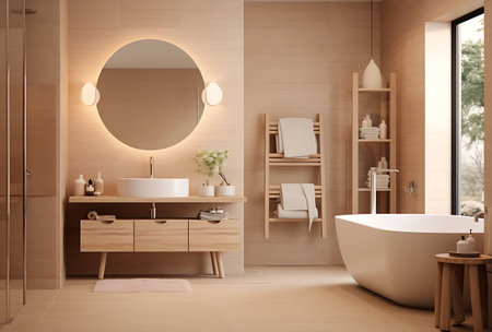 Interior of modern bathroom with wooden walls, tiled floor, comfortable white bathtub and round mirror. 3d renderingの素材