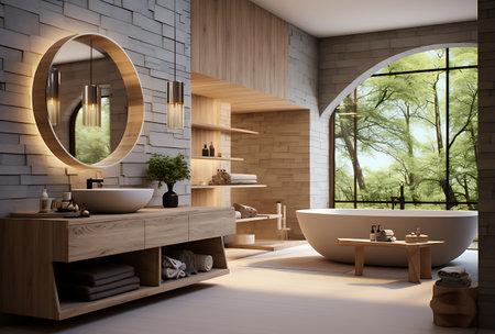 Bathroom interior with wooden and brick walls, tiled floor, panoramic window, double sink and round mirror. 3d renderingの素材