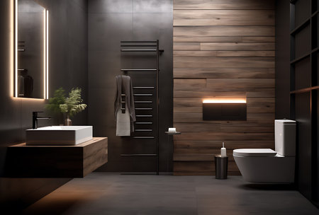 Modern black bathroom interior with wooden walls, concrete floor, comfortable bathtub and double sink. 3d renderingの素材