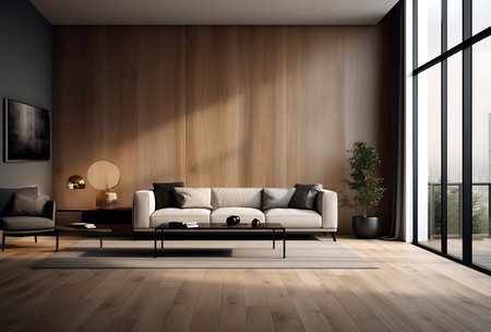 Interior of modern living room with wooden walls, wooden floor, brown sofa and black coffee table. 3d renderingの素材