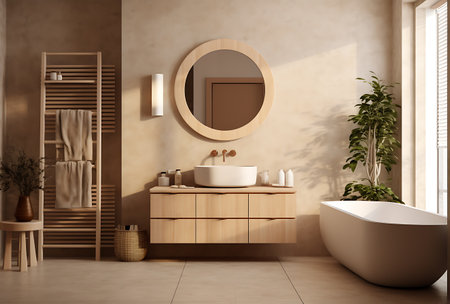 Bathroom interior with brown walls, tiled floor, comfortable bathtub and round mirror. 3d renderingの素材