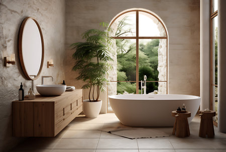 Bathroom interior with a large window, a wooden bathtub and a round mirror. 3d rendering mock upの素材
