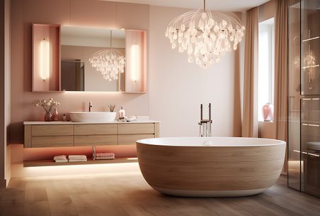 Interior of modern bathroom with pink walls, wooden floor, comfortable bathtub and round mirror. 3d renderingの素材