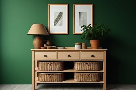Wooden chest of drawers in room with green wall, 3d renderの素材