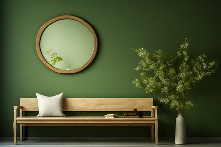 Interior of modern living room with wooden bench, round mirror and vase with flowers. 3d renderの素材