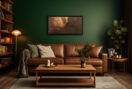 Living room interior with brown leather sofa, bookshelf, coffee table, lamp, plant, coffee table, 3d renderの素材
