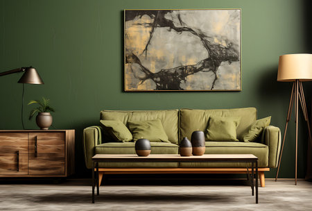 Interior of modern living room with green sofa, wooden commode, coffee table and yellow wall mock up. 3d renderの素材