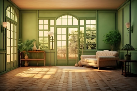 Green living room interior design. 3D render. Vintage style.の素材