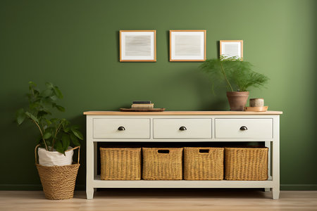 Wooden chest of drawers in green interior with plants. 3d renderの素材