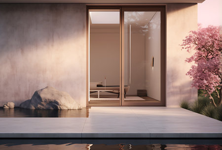 Side view of modern bathroom interior with concrete walls, concrete floor, white bathtub and shower stall. 3d renderingの素材