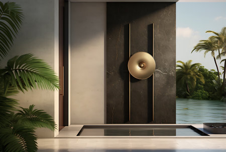3D rendering of a modern bathroom with a black marble bathtubの素材