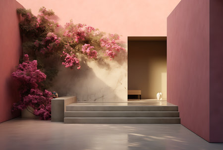 Interior of modern hall with pink walls, concrete floor and marble staircase. 3d renderingの素材