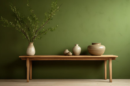 Interior of living room with wooden shelf, vases and green wallの素材