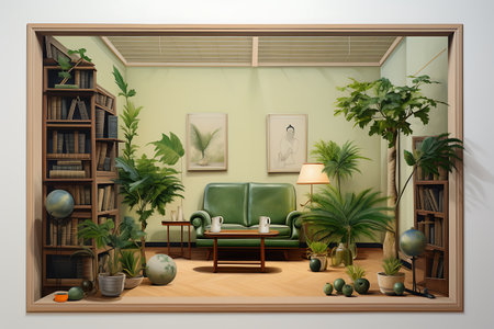 Interior of living room with green walls, wooden floor, green sofa and plants. 3d renderingの素材