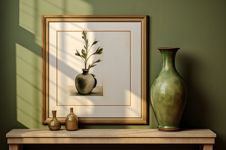 3d render of vase with plant and vase on wooden shelf in roomの素材