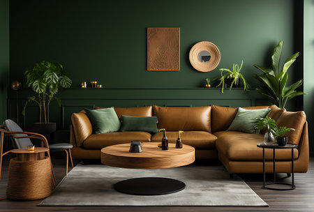 Interior of modern living room with green walls, wooden floor, brown leather sofas and round coffee table. 3d renderingの素材