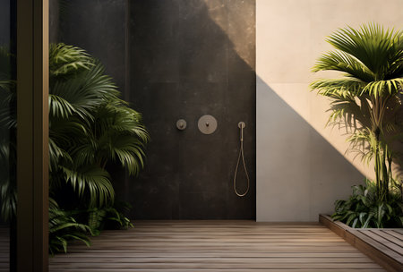 Bathroom interior design with shower and tropical plants. 3D Renderingの素材