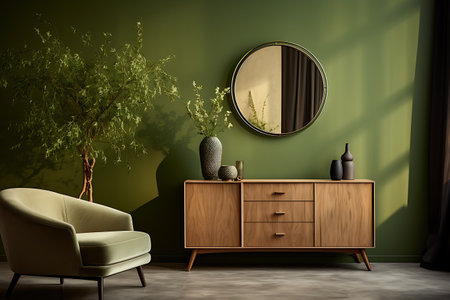 Interior of modern living room with green walls, concrete floor, green armchair and round mirror. 3d renderの素材