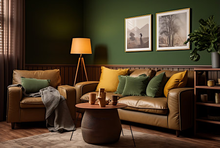 interior with sofa, coffee table and lamp. 3d illustrationの素材