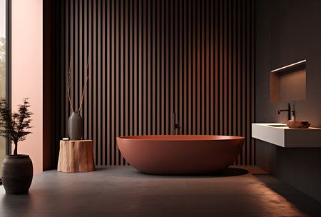 Interior of modern bathroom with dark brown walls, concrete floor, comfortable bathtub and round sink. 3d renderingの素材