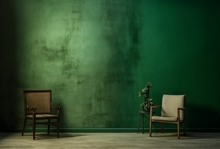 3d render of two chairs in an empty room with green wallの素材