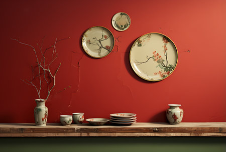 Vintage tableware on red wall. 3d render illustration.の素材