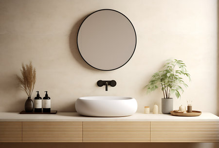 Bathroom interior with round mirror on the wall. 3d renderの素材