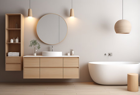 Interior of modern bathroom with white walls, wooden floor, comfortable white bathtub and round mirror. 3d renderingの素材