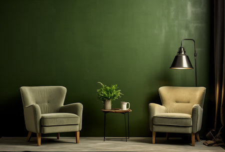 Green interior with two armchairs, coffee table and lamp. 3d renderの素材