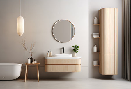Interior of modern bathroom with white walls, concrete floor, comfortable white bathtub and round mirror. 3d renderingの素材