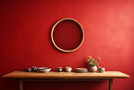 Interior of living room with wooden table and decorative pot on red wallの素材