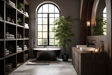 Interior of modern bathroom with dark wooden walls, concrete floor, comfortable bathtub standing near the window and shelves with towels. 3d renderingの素材