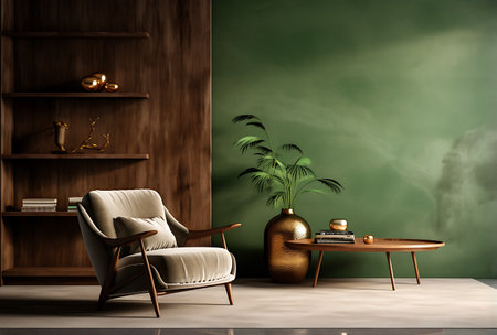 Interior of modern living room with green walls, concrete floor, comfortable armchair and wooden bookcase. 3d renderingの素材