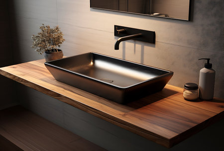 3d render of modern bathroom interior with black sink and faucetの素材