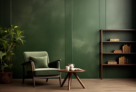 Green living room interior with armchair, coffee table and bookshelf. 3d renderの素材