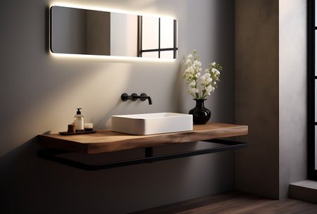 Interior of modern bathroom with dark gray walls, wooden floor, comfortable white bathtub and round sink. 3d renderingの素材